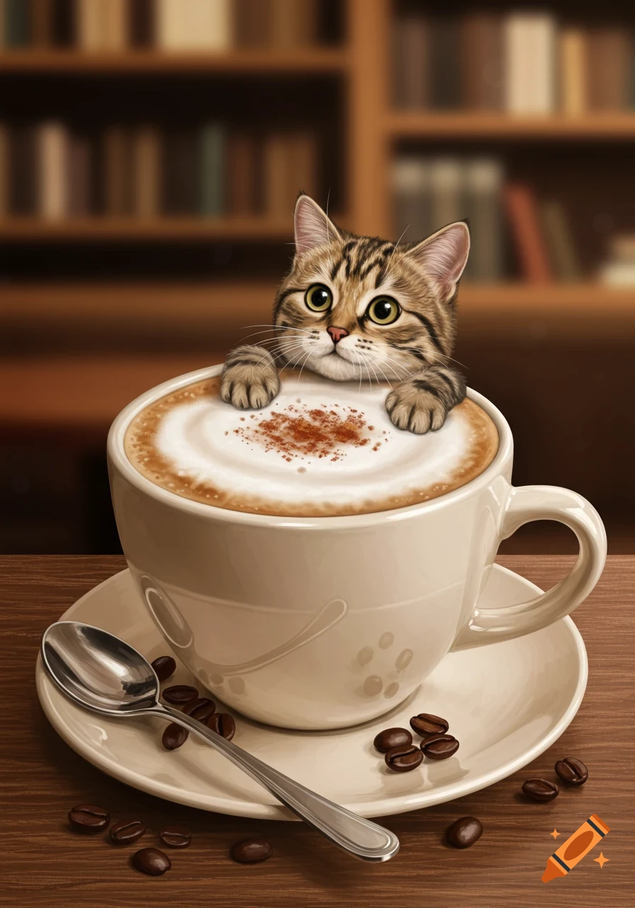 A cute tabby kitten peeking from a latte in a white coffee cup, with coffee beans on the saucer on a wooden table.
