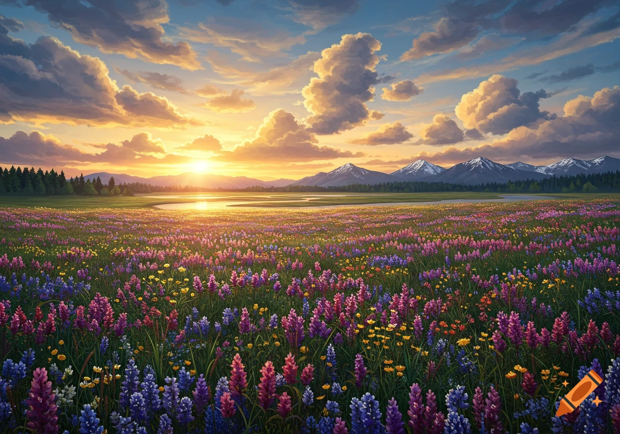 A vibrant landscape featuring a field of colorful wildflowers, a river, and snow-capped mountains under a golden sunset sky.