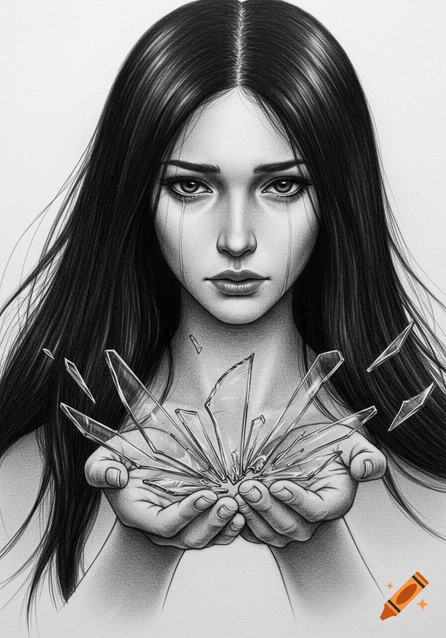 Pencil sketch of a sad woman with long black hair holding broken glass in her cupped hands.