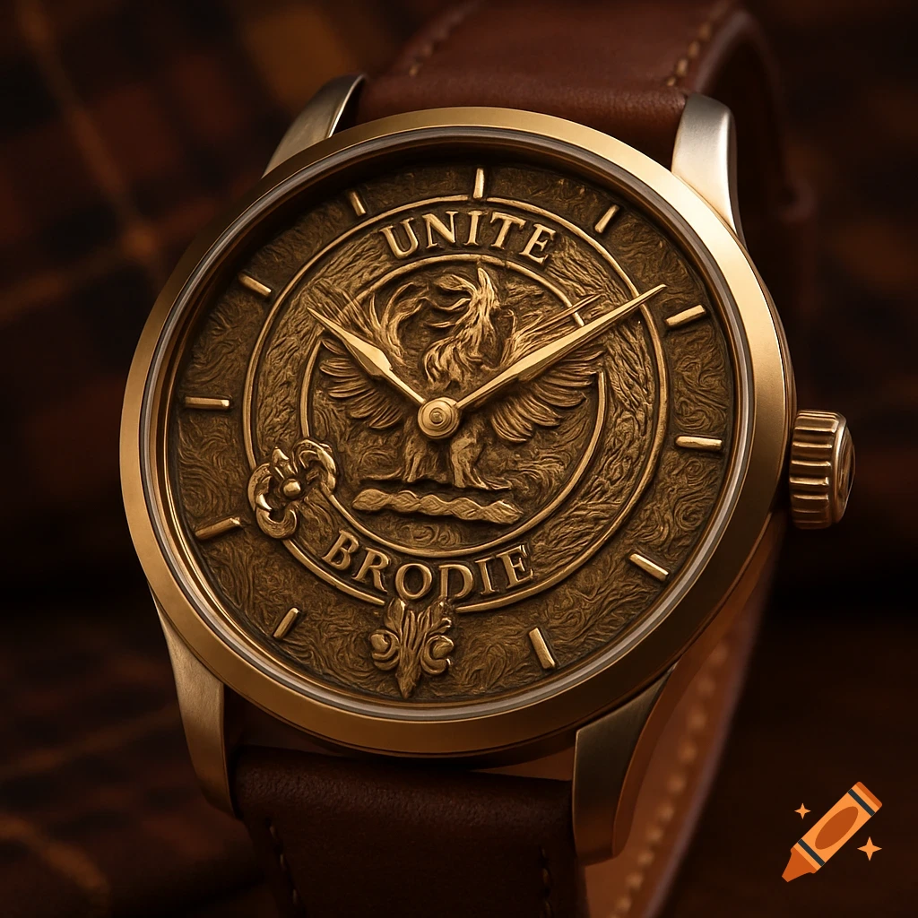 Close-up of a gold watch with an ornate embossed dial featuring a crest, bird, and text 'UNITE BRODIE', on a brown leather strap.