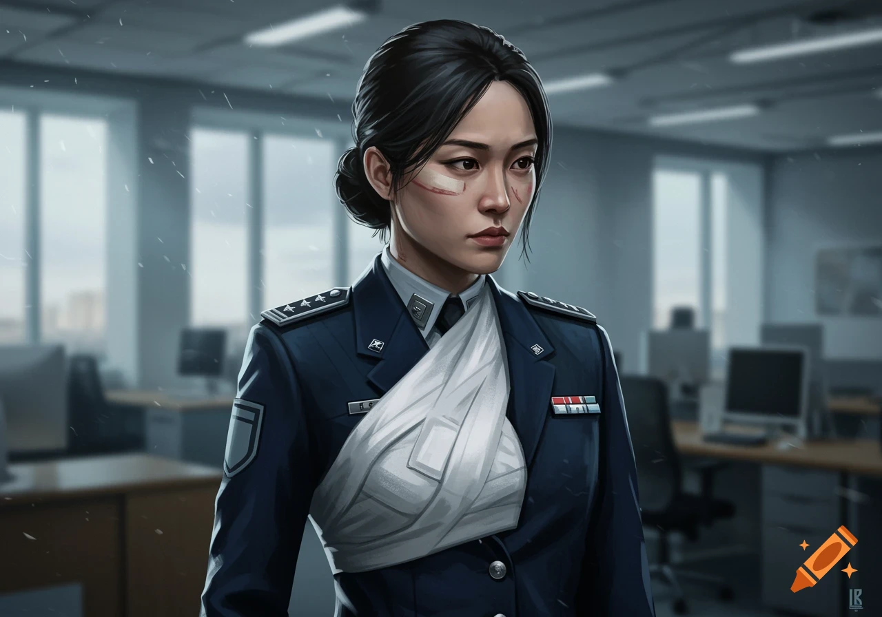 A solemn Asian female military officer in a blue uniform with bandages on her arm and scars on her face, standing in an office.