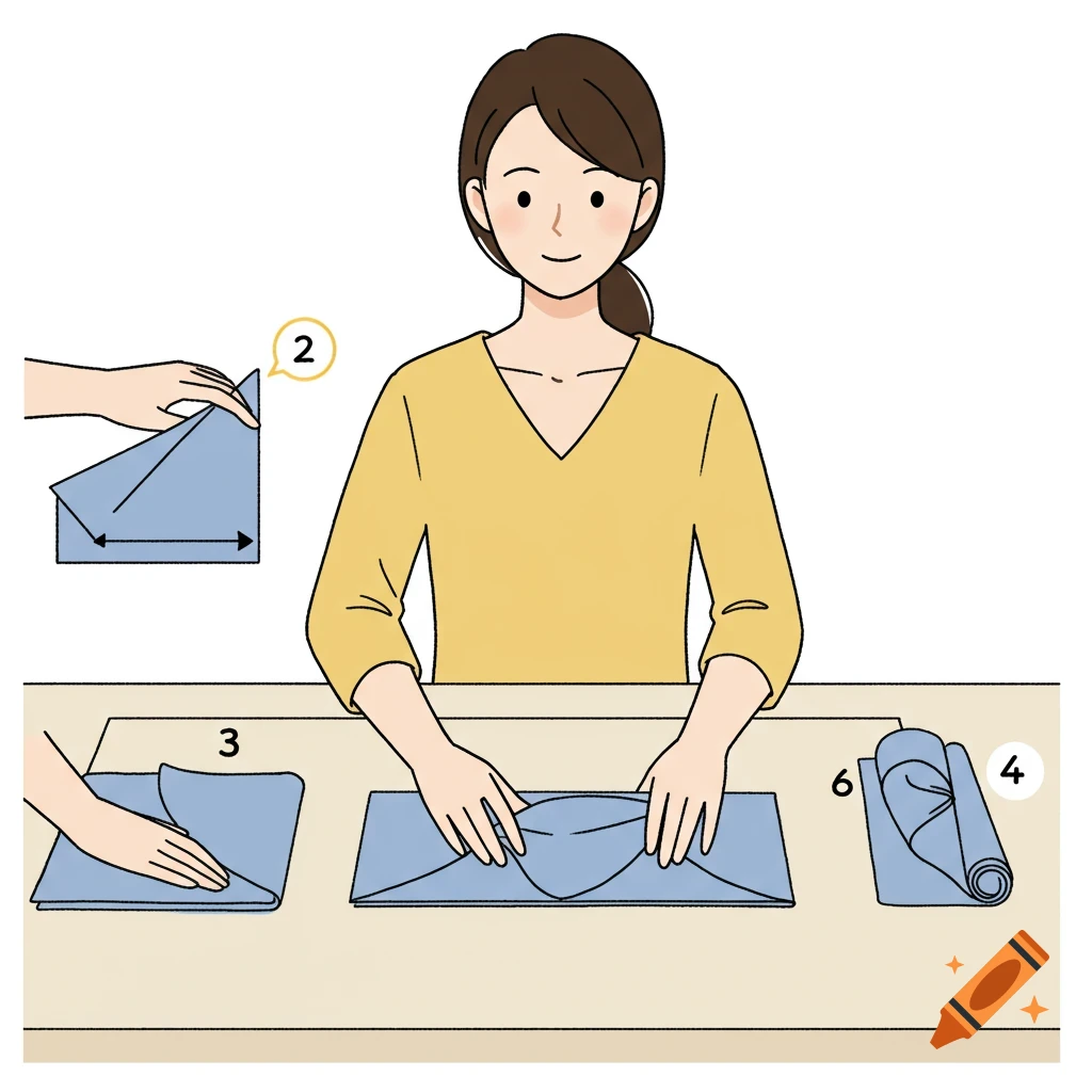 A step-by-step cartoon shows a woman folding fabric, with numbered steps and diagrams.