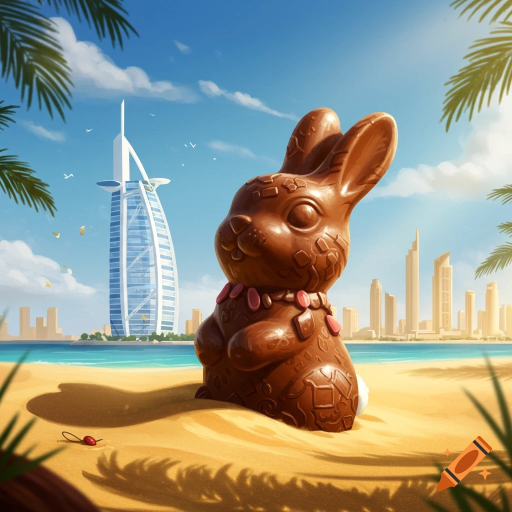 A chocolate bunny on a sandy beach with the iconic Burj Al Arab hotel and Dubai city skyline in the background.
