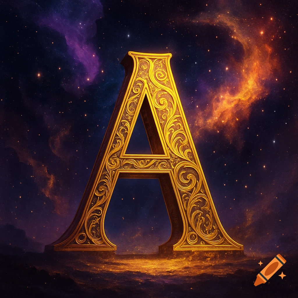 A large, ornate golden letter 'A' stands against a vibrant cosmic background of stars and nebulae.