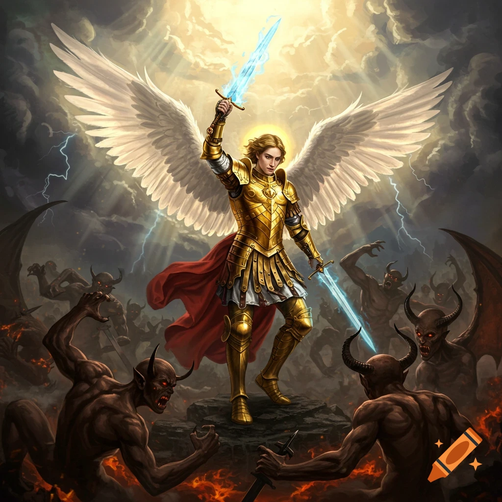 Saint Michael in golden armor, wielding two glowing swords, battles demons amidst lightning and fire.