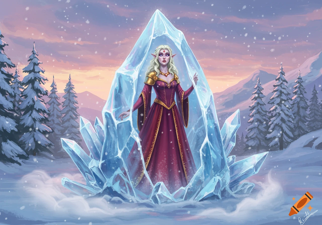 An elf-like woman in a red gown stands within a large ice crystal in a snowy mountain landscape.