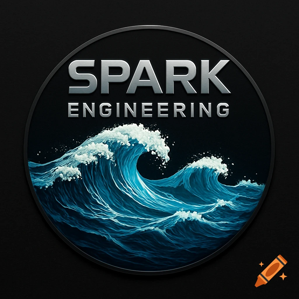 A circular logo with a dark background, featuring metallic silver text 'SPARK ENGINEERING' above a stylized depiction of blue ocean waves.