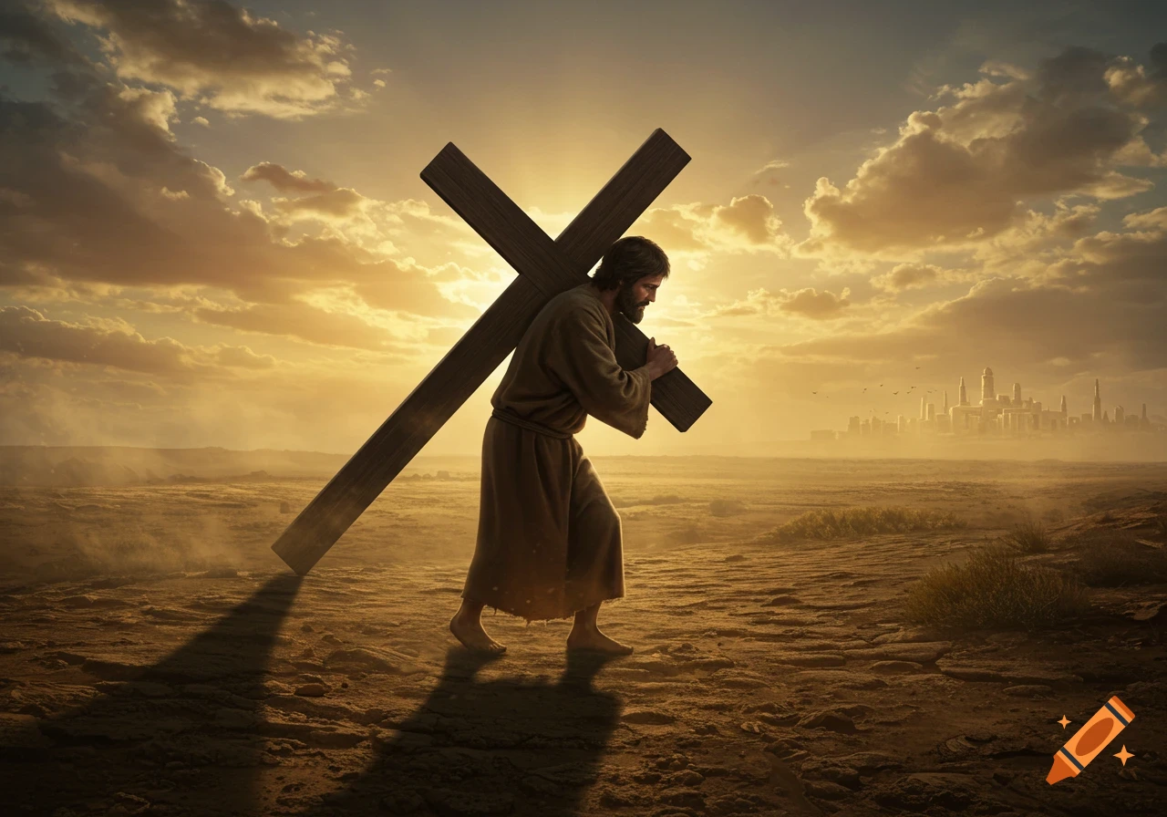 A man carries a large wooden cross across a desolate, dusty landscape under a dramatic sunset, with a distant city on the horizon.