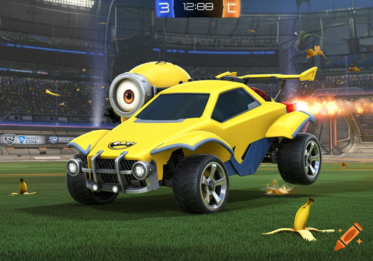 A yellow car customized to look like a Minion with a large eye and eyebrows, on a green stadium field with banana peels and exhaust flames.