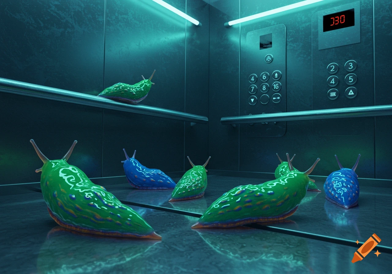 Several green and blue slugs crawl on the floor and railing inside a metal elevator, illuminated by teal lights.