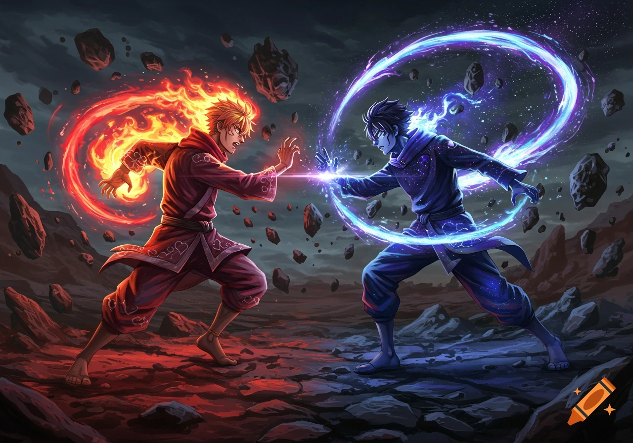 Two anime characters battle on a rocky landscape, one wielding fiery power and the other cosmic purple energy.