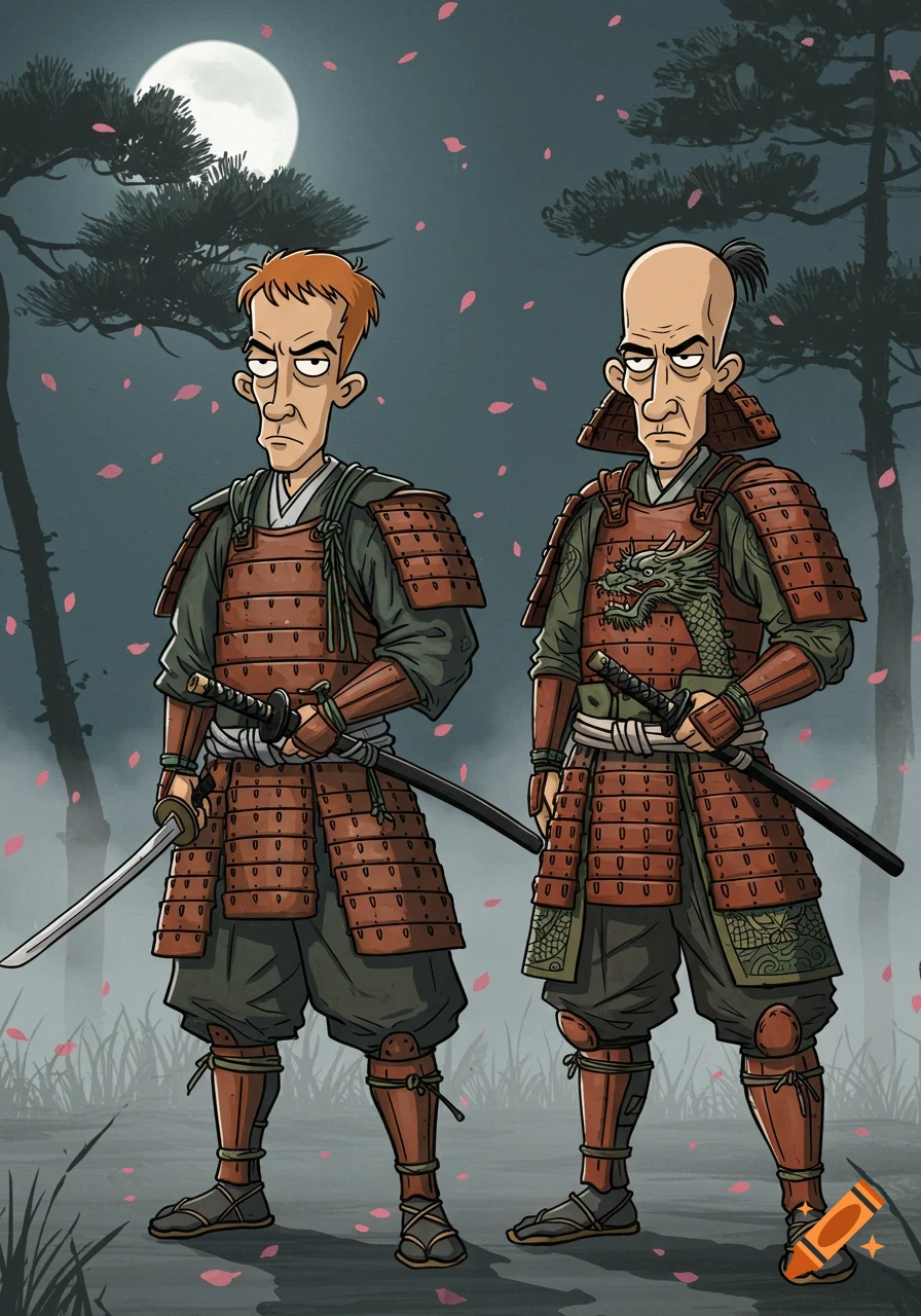 Two cartoon samurai warriors in armor, styled after Beavis and Butthead, stand under a full moon with cherry blossoms falling.