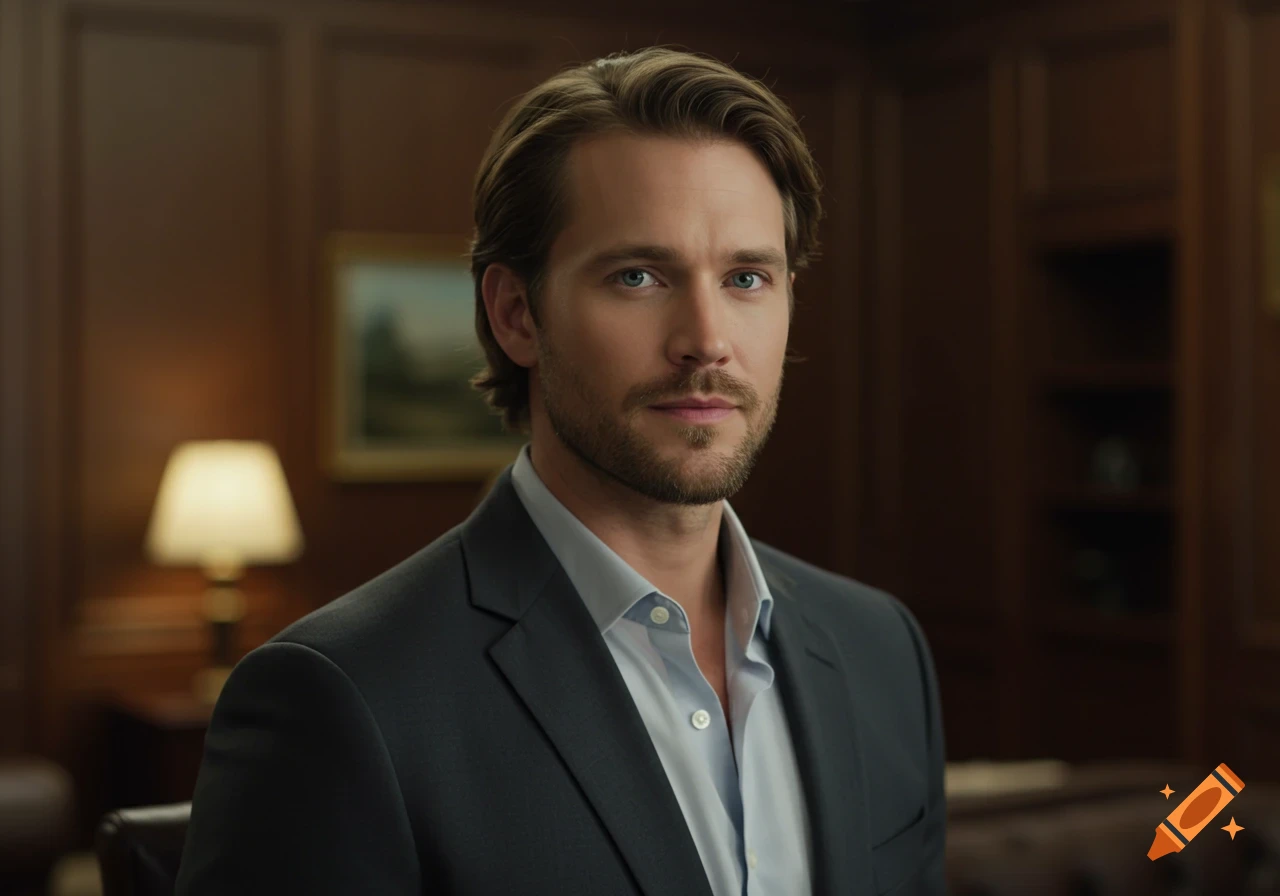 A handsome man with brown hair and a beard, wearing a suit, in a professional office setting.