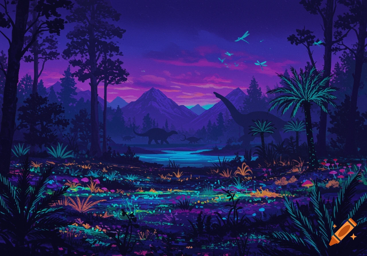 A vibrant, neon-colored prehistoric landscape with dinosaur silhouettes, glowing plants, and a river under a purple and pink sky.