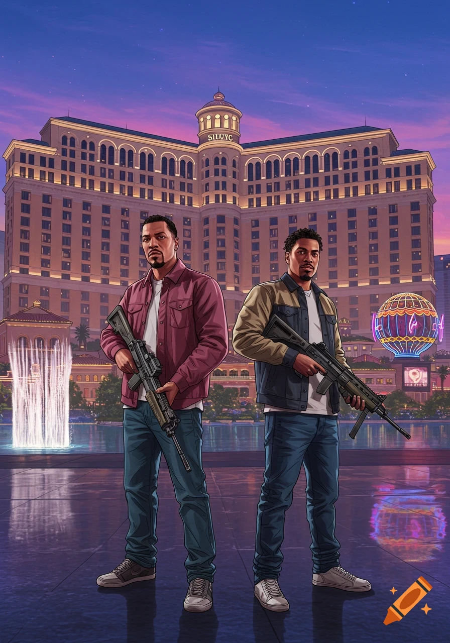 Two men resembling GTA characters stand holding machine guns in front of a large casino resort with a fountain and glowing hot air balloon at sunset, in a stylized, illustrative art style.