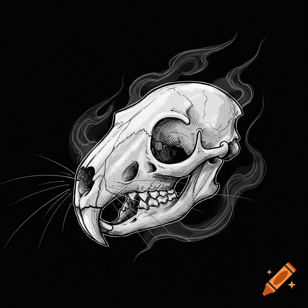 Black and white illustration of a stylized rat skull with smoke plumes on a dark background.