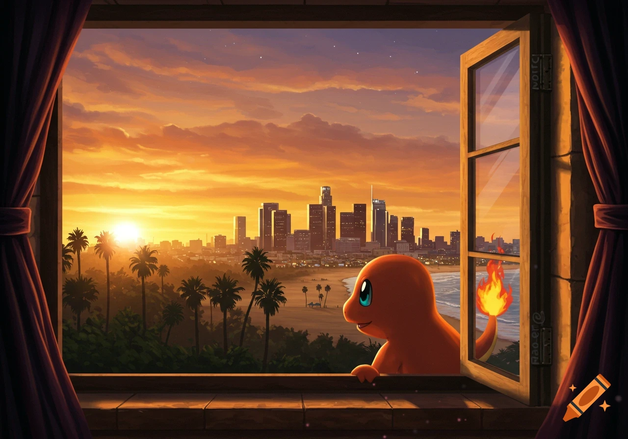 Charmander looks out an open window at a sunset over the Los Angeles city skyline, beach, and palm trees.