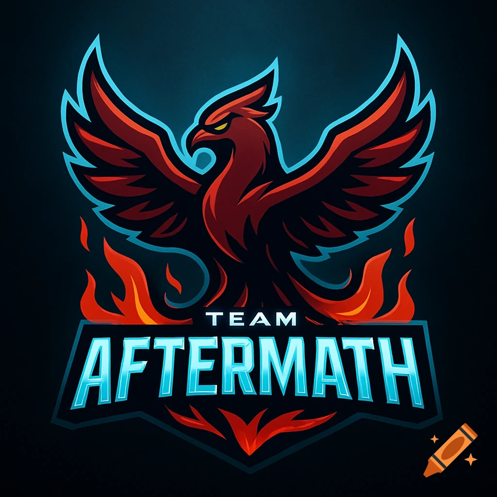 A vibrant esports team logo featuring a red and black phoenix with outstretched wings and a blue outline, rising above the text 'TEAM AFTERMATH' with fiery accents.