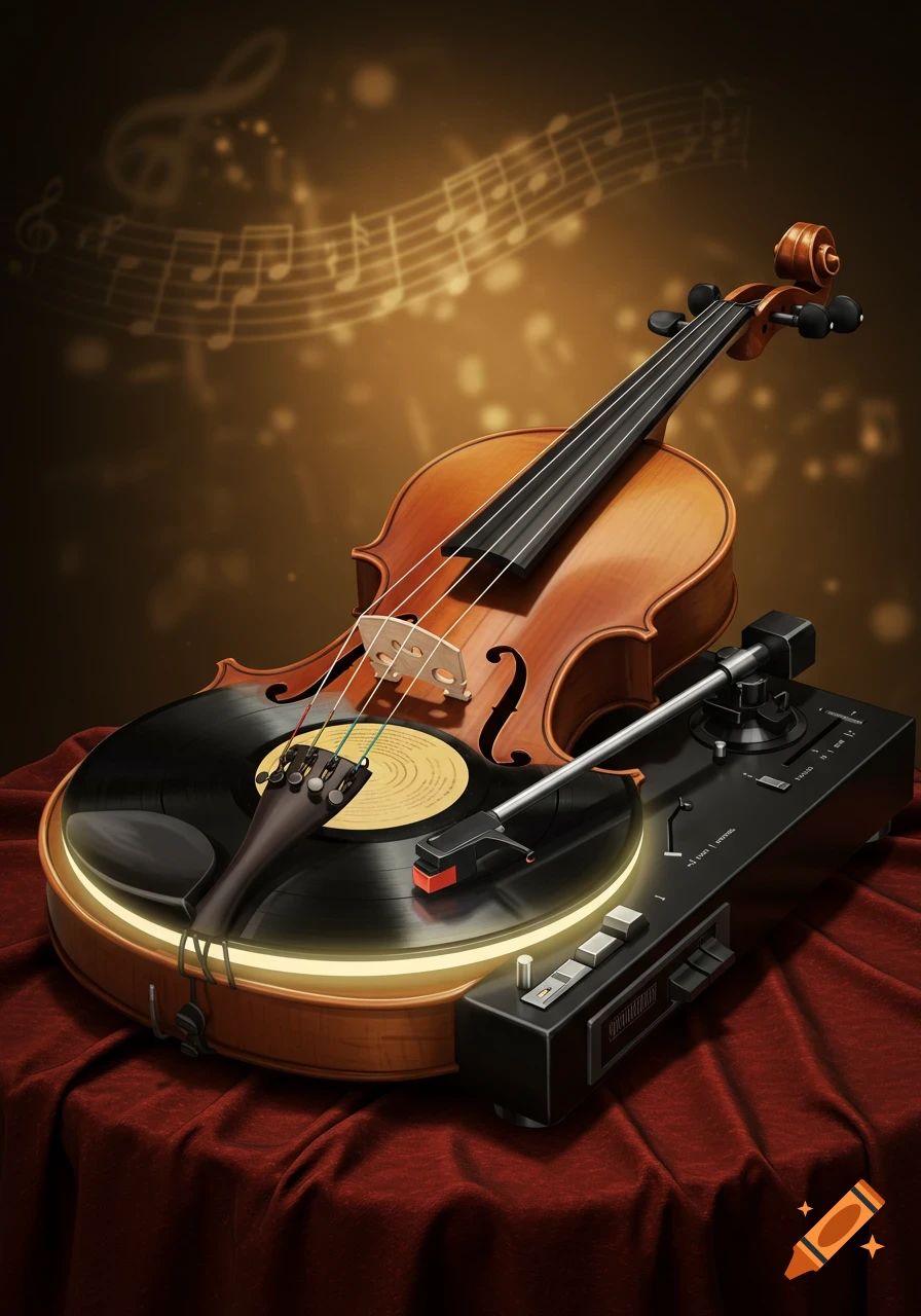 A unique hybrid instrument blending a violin and a record player, illuminated, on a red draped table with musical notes in the background.