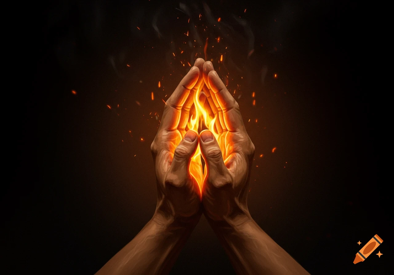 Two cupped hands holding a bright, orange flame against a dark background, with sparks emanating upwards.