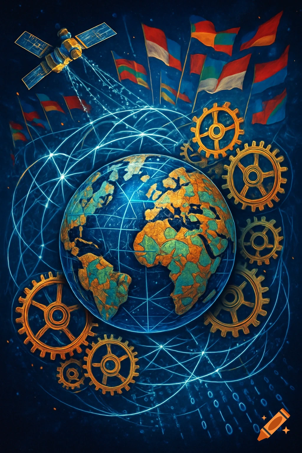 Stylized image of a globe surrounded by network lines, gears, a satellite, and international flags, with binary code.