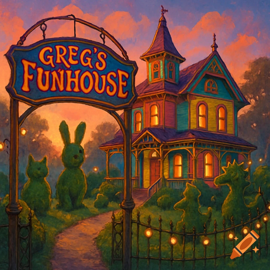 A colorful, whimsical Victorian-style house with a sign reading "Greg's Funhouse" and animal-shaped topiaries in the garden, under a vibrant sunset sky.