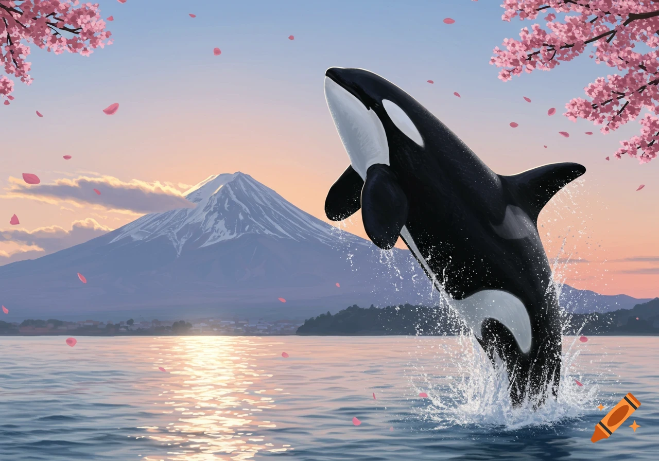 A black and white orca leaps from the water, with Mount Fuji, falling pink cherry blossoms, and a sunset sky in the background.