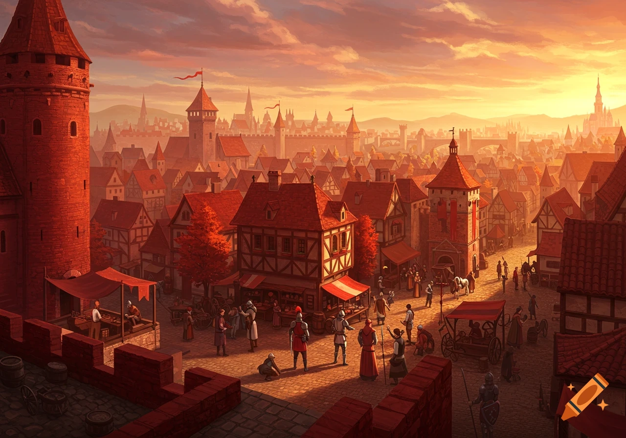 A vibrant medieval city with red-roofed buildings and stone towers, bustling with people in a market square under a warm sunset sky.