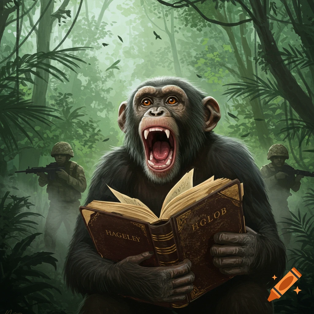 A screaming chimpanzee holds an open book in a dense jungle, with two soldiers visible in the misty background.