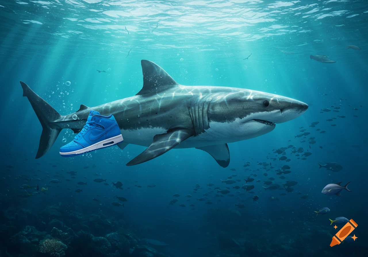 A photorealistic image of a great white shark swimming underwater with a blue Nike shoe on its side, surrounded by fish.