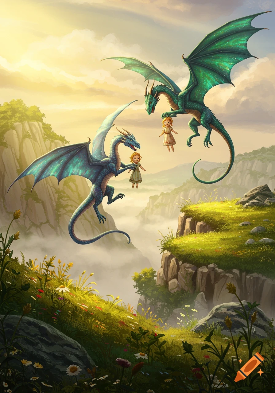 Two majestic dragons, one green and one blue, hover above a misty valley, playfully interacting with small human-like dolls.