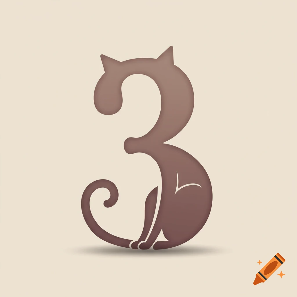 A stylized brown number three that resembles a sitting cat with curled tail and ears, on a light beige background.