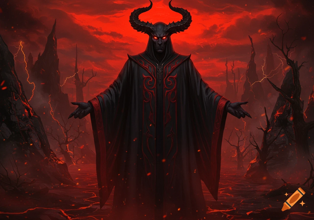 A horned demonic figure in a black robe with red glowing eyes stands with outstretched hands in a fiery, hellish landscape.