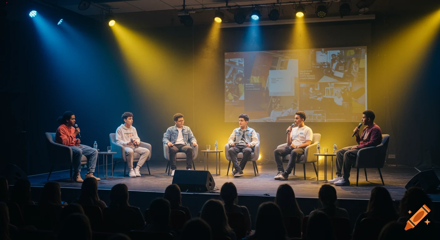 A group of young people seated on a stage, participating in a panel discussion under blue and yellow spotlights.