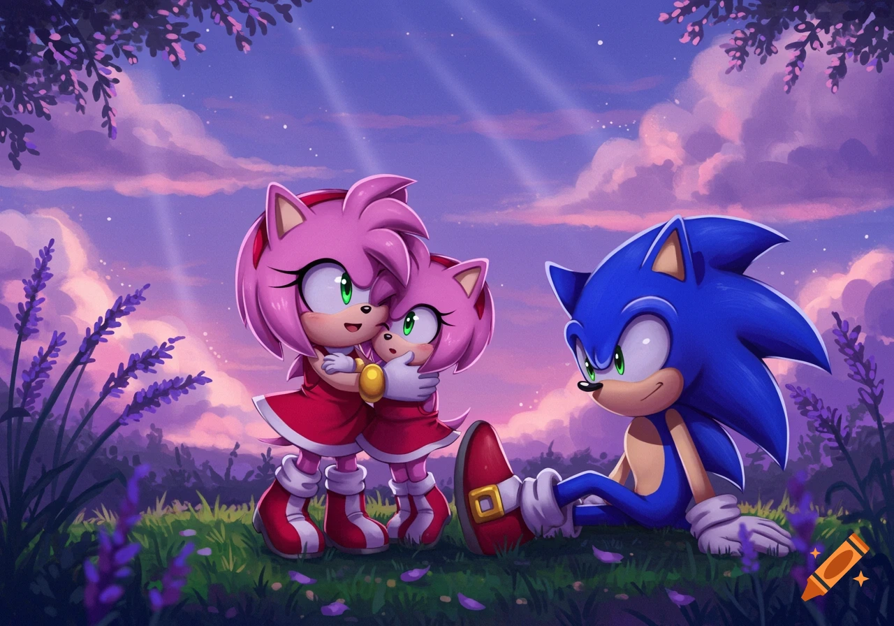 Anime style image of Amy Rose hugging a small version of herself, while Sonic sits nearby in a lavender field at sunset.
