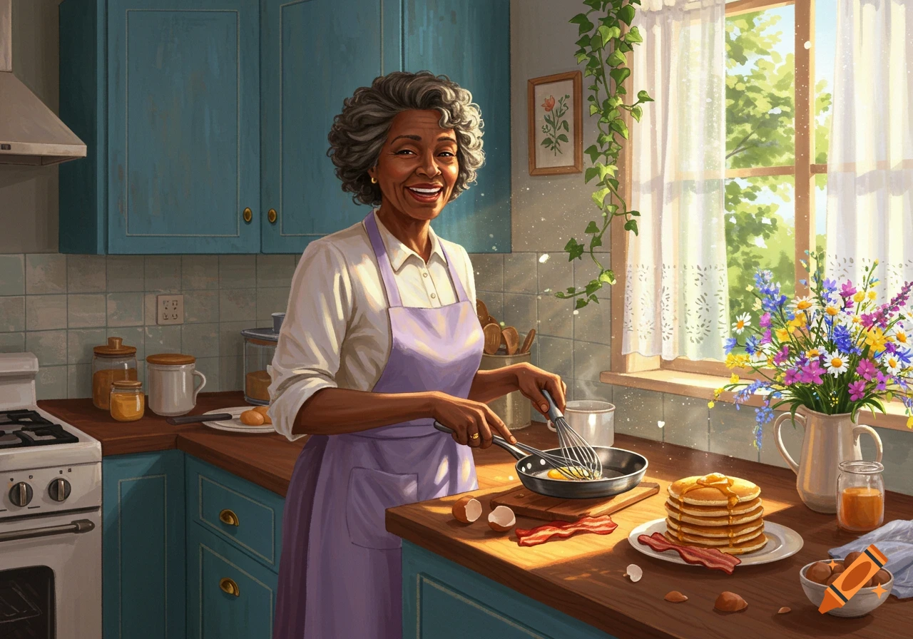 A happy older Black woman in an apron cooks breakfast in a bright kitchen with pancakes and bacon on the counter.