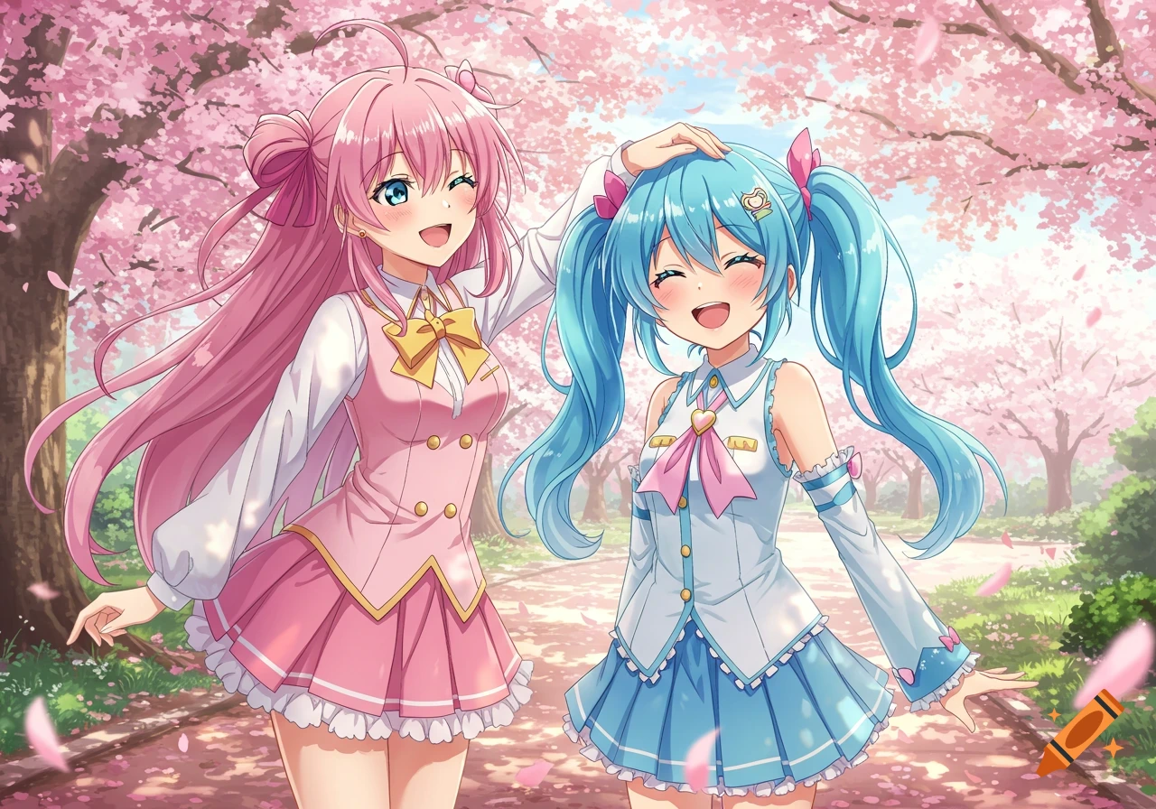 Two smiling anime girls, one with pink hair and one with blue pigtails, stand in a park with pink cherry blossom trees.