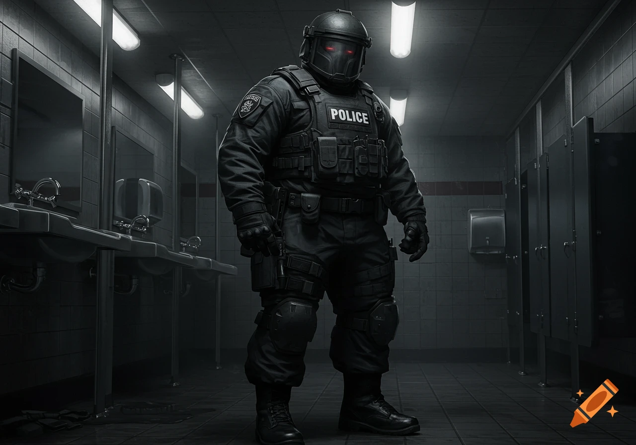 A heavily armored police SWAT officer with glowing red eyes stands in a dark, grimy public restroom, in a photorealistic style.