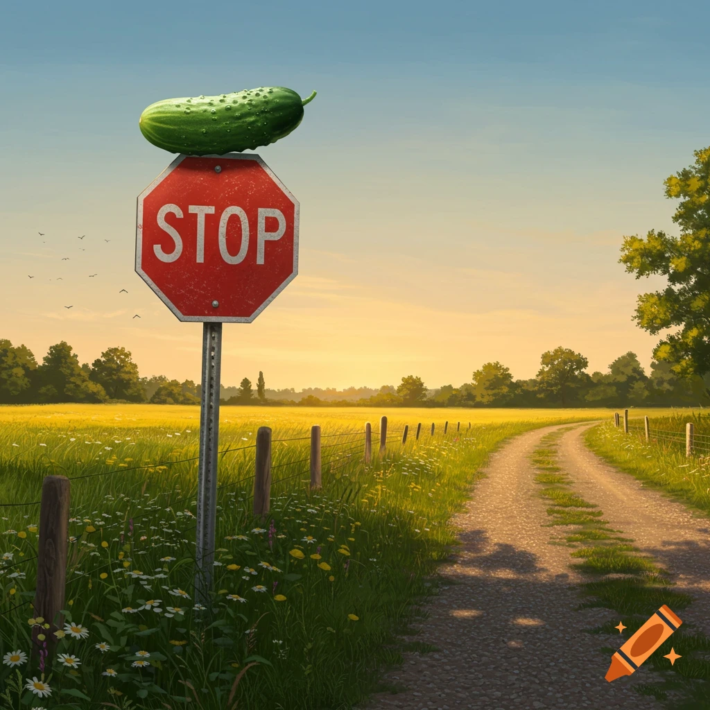 A photorealistic image of a cucumber resting on a red stop sign beside a dirt road in a sunny, grassy field.