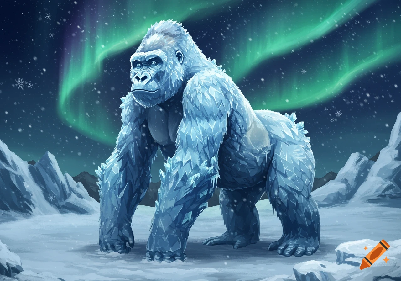A majestic ice gorilla stands in a snowy arctic landscape under a vibrant green aurora borealis.