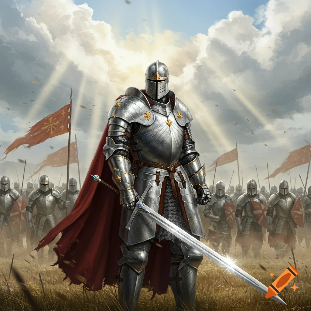 A knight in shining armor with a sword leads an army of knights forward under a cloudy, sunlit sky.
