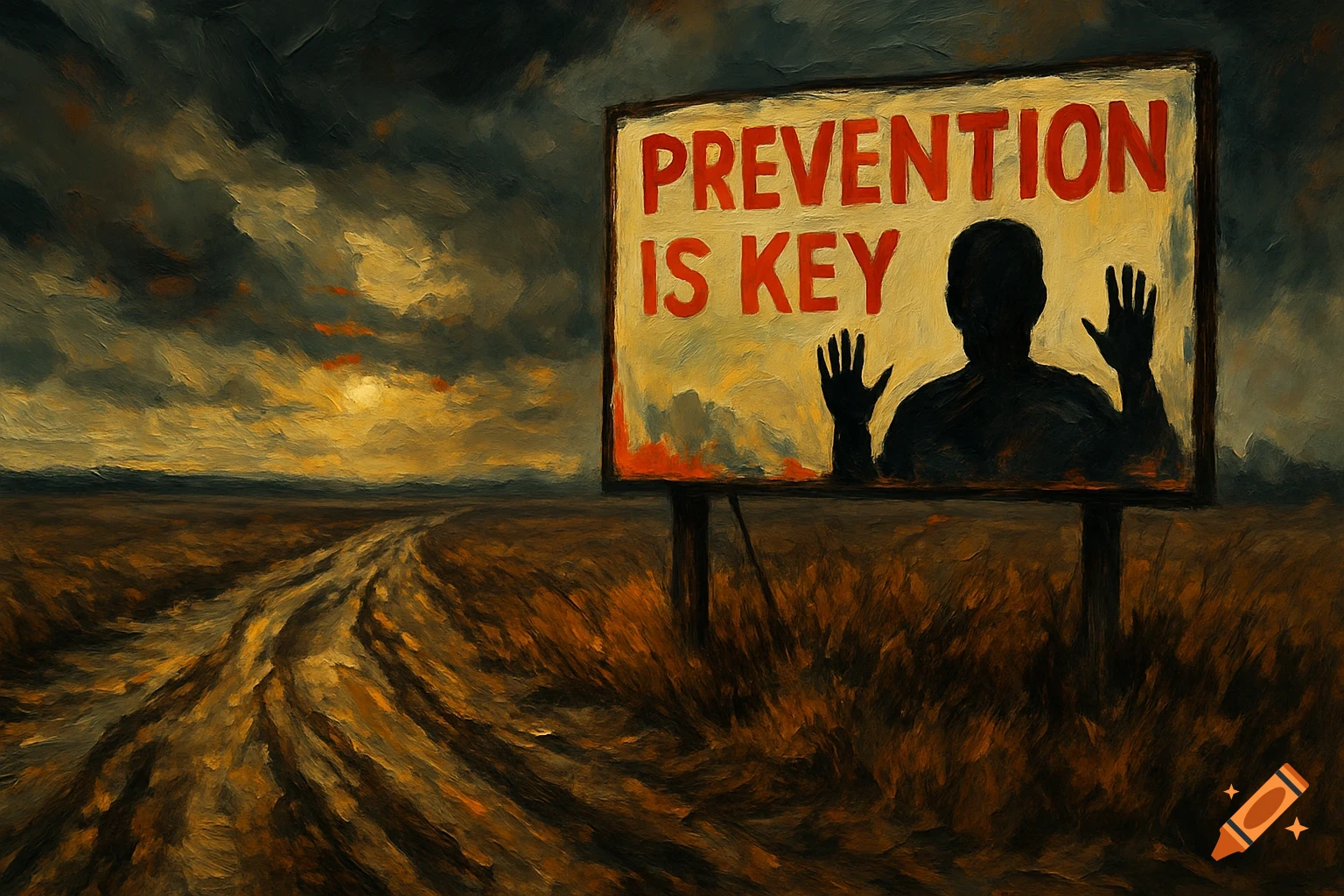 Oil painting of a dark landscape with a dirt road, a large sign reads 'PREVENTION IS KEY' with a silhouetted figure raising hands.