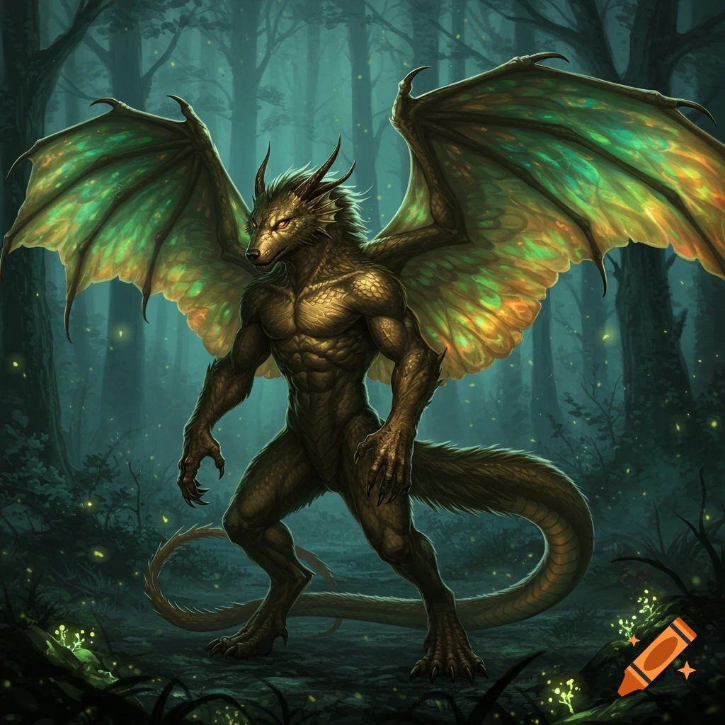 A muscular, scaly wolf-dragon hybrid with iridescent wings stands in a dark, misty forest with glowing plants.
