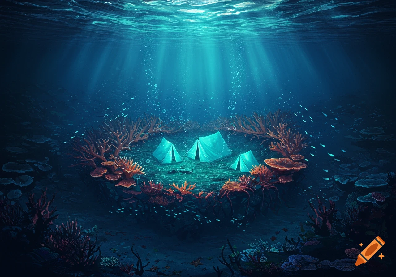 An ethereal underwater scene with three glowing blue tents nestled within a ring of coral, bathed in light rays from the surface.