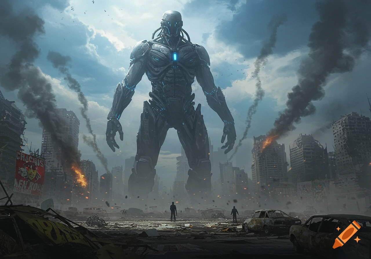 A massive robot towers over a ruined, smoke-filled city as two small human figures stand in the debris, photorealistic.