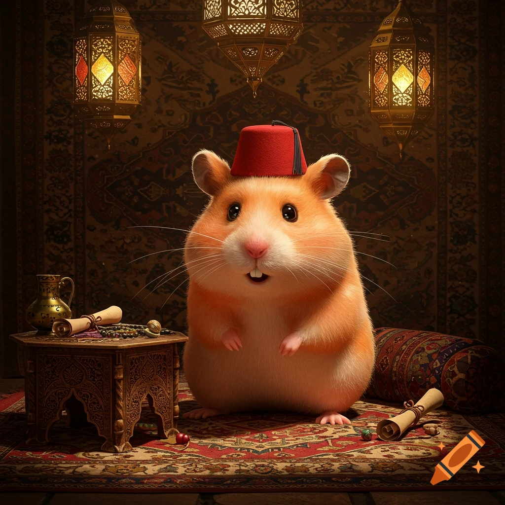 A cute hamster wearing a red fez sits on an ornate rug in a dimly lit room with decorative lanterns.