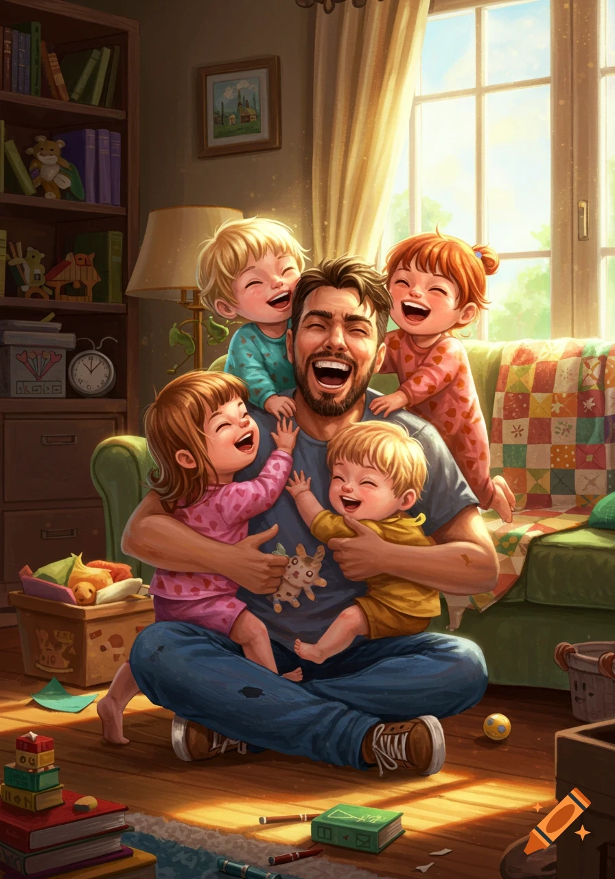 A happy father laughs while four young children, two boys and two girls, playfully climb on him in a sunlit living room.
