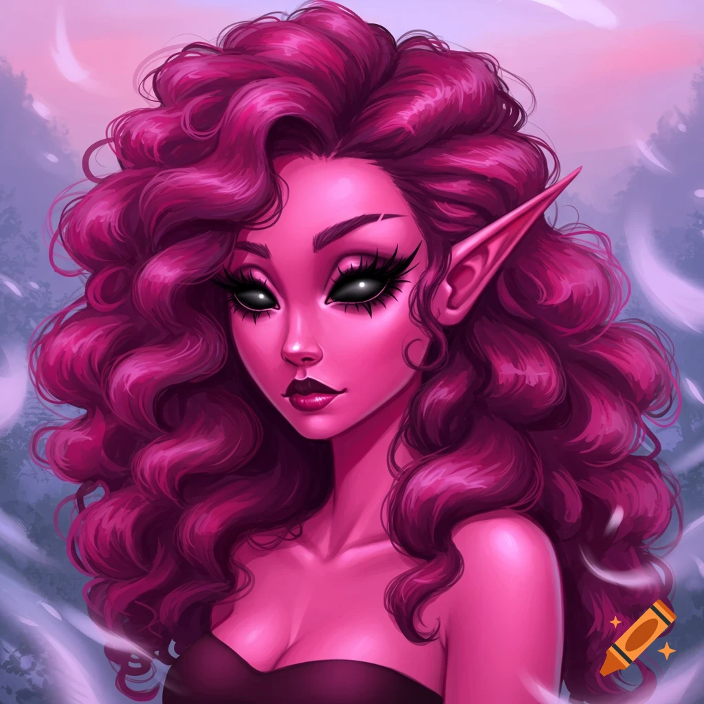 Digital portrait of a pink-skinned fantasy character with curly dark pink hair, pointy ears, and black eyes with white pupils.