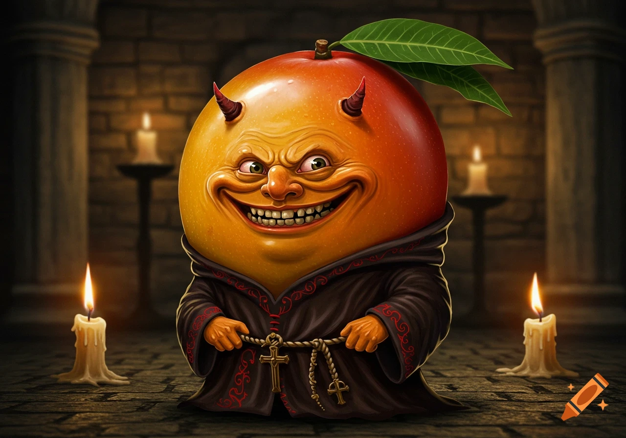 A sinister, horned mango with a grotesque face wearing a dark monk's robe stands in a candlelit stone room.