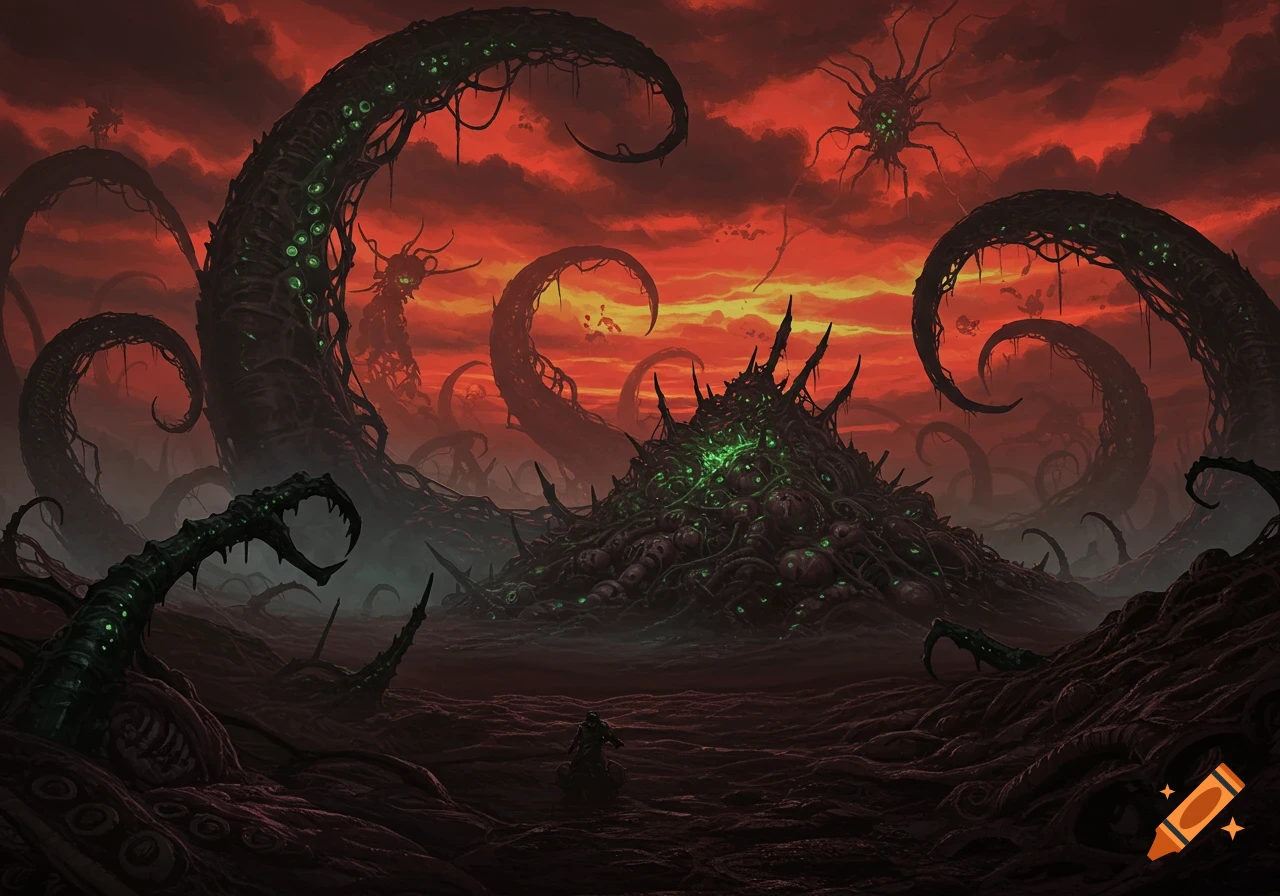A dark, dystopian landscape under a red sky, featuring colossal, alien tentacles and a central mound of squirming, glowing organic matter, with a lone figure in the foreground.